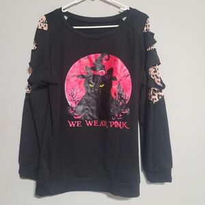 Womens Black Pink Sweatshirt Witch Cat Wear Pink Leopard Cutout Sleeves Sz XL